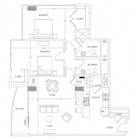 Floor plan for 2 beds, 2 baths, 1394 sqft